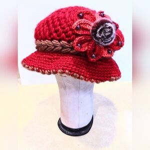 Hand knit burgundy red chunky plush hat lined boho stretchy warm indie cute